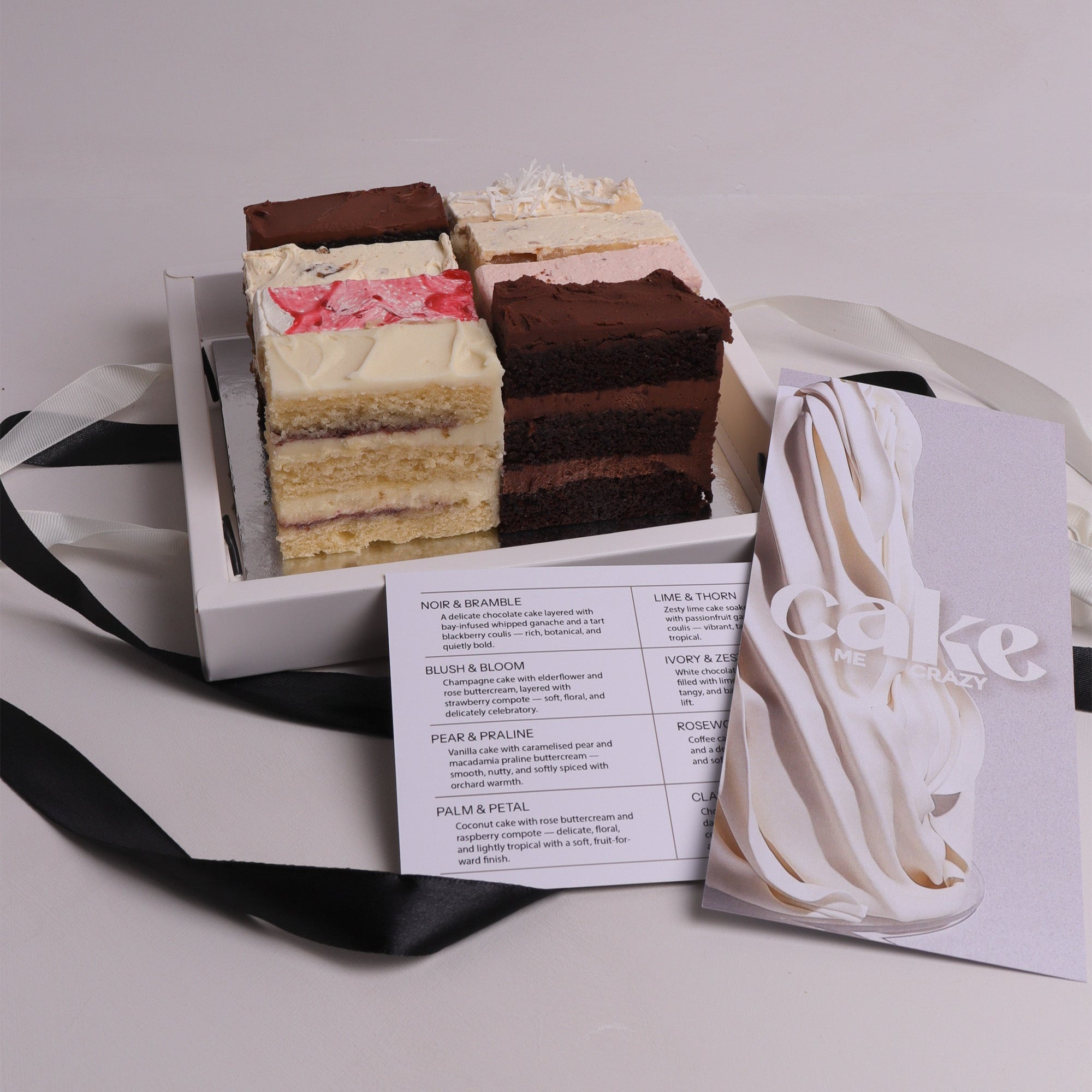 Luxury wedding cake tasting box with 8 gourmet flavours. Melbourne sample box for couples planning weddings and special event