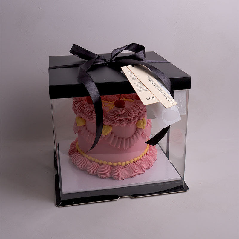 Pink vintage cake gift with black ribbon in a clear box on a light gray background